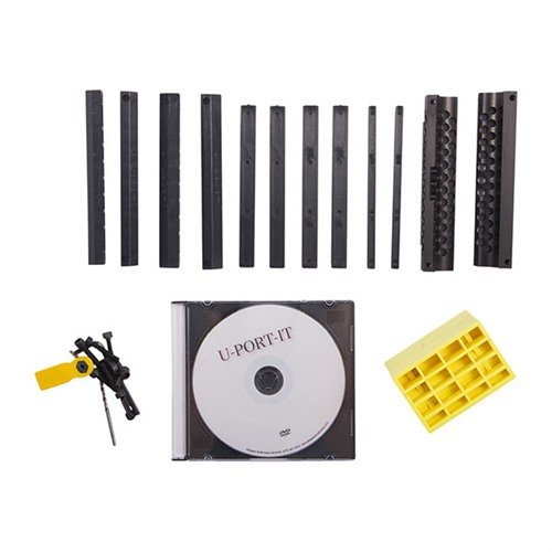 Easily drill recoil-reducing ports in any shotgun with this versatile jig, featuring adjustable clamps and two jigs for varied port sizes.