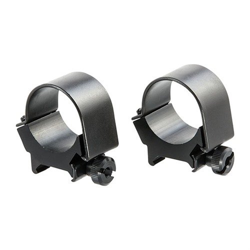 WEAVER's TOP MOUNT RINGS in 30mm offer a durable aluminum and steel construction, available in Matte Blue or brushed Stainless, for reliable scope mounting.