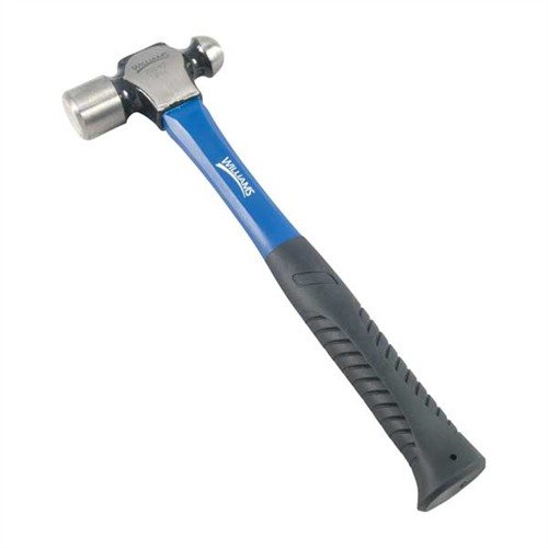Brownells Ballpeen Hammer offers a hardened steel head for durability, fiberglass shank for strength, and a cushioned grip for comfort, ideal for precise gunsmithing.