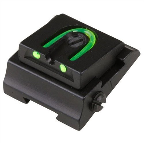U-notch rear sight with 3-dot pattern and green fiber optic dots for quick sight acquisition in any light; fits most rifles without drilling.
