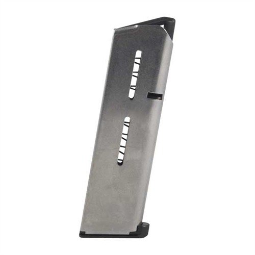 Wilson Combat 1911 45ACP Heavy Duty +P magazine features stainless steel construction, extra-power spring, and low-profile steel base for reliable feeding and durability.