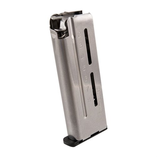 Ultra-reliable 1911 magazine with extra capacity, smooth feeding, and durable stainless steel design for combat, competition, or self-defense.