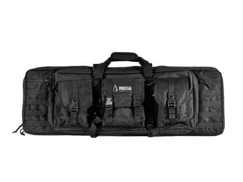 Compact Rifle Bag offers durable 1000D camo shell, holds 2 rifles & 2 pistols, includes removable divider & backpack straps for easy transport.